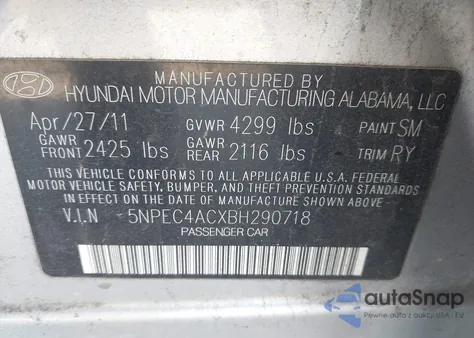 2011 Hyundai Sonata Limited from USA, damaged, VIN 5NPEC4ACXBH290718